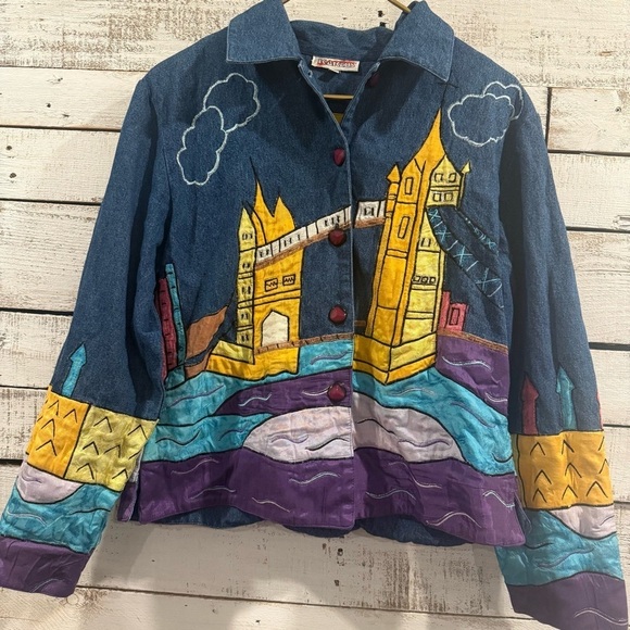 Kaktus Jackets & Blazers - Vtg Kaktus USA Art to Wear Denim Jacket Applique Design Cotton Mix Size Small S